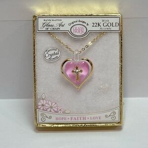 Glass Baron Pink Heart Cross Necklace 22K Gold Swarovski Crystals NEW Faith